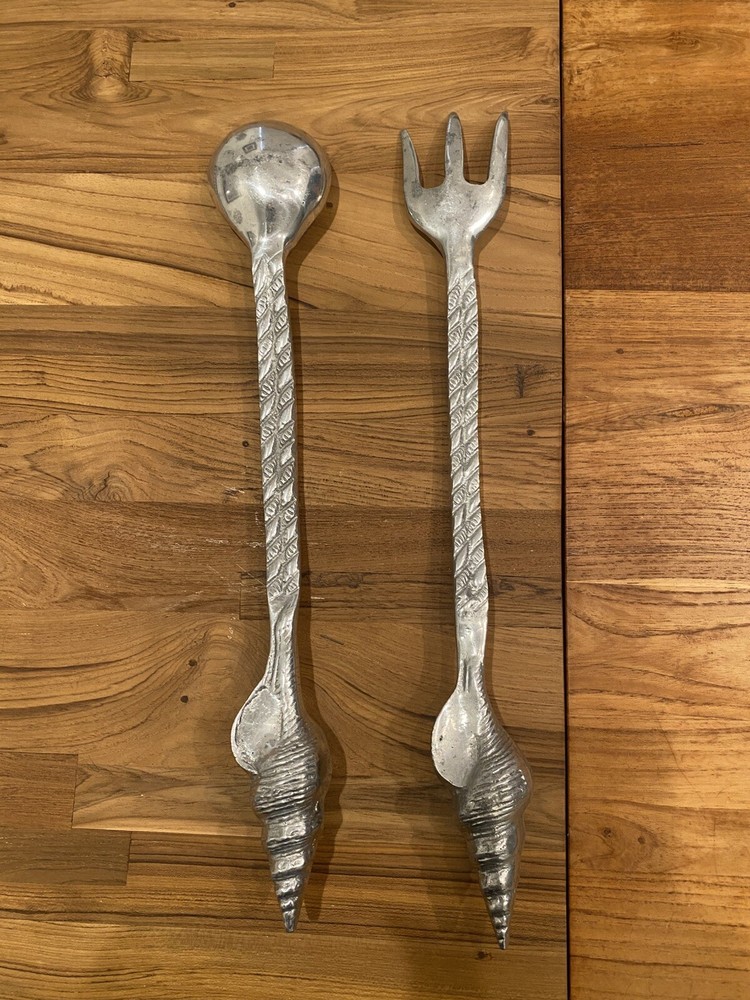 Seashell Servers Serving Spoon Fork Aluminum Large Beach Conch Coastal Silver