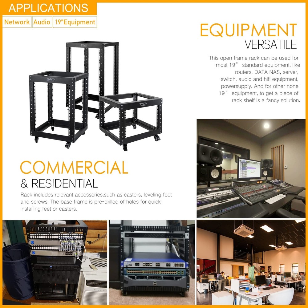 12U Server Rack Open Frame with Casters-RIVECO 4 Post Quick Assembly 19-inch,...