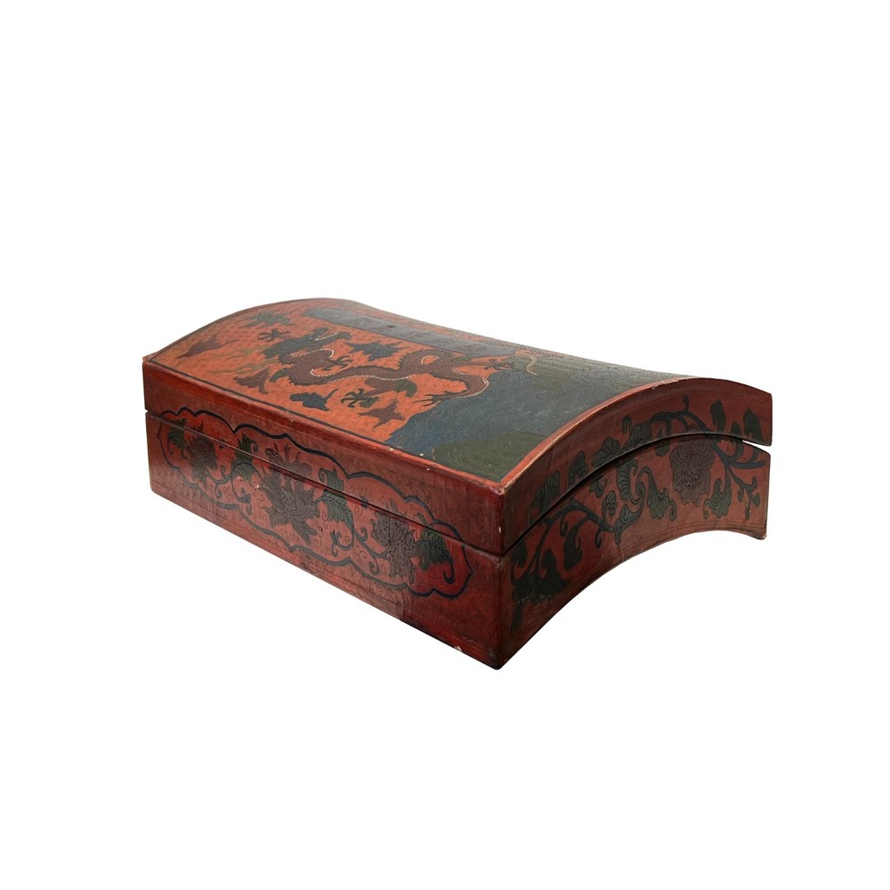 Chinese Distressed Brick Red Dragons Graphic Rectangular Shape Box ws3392