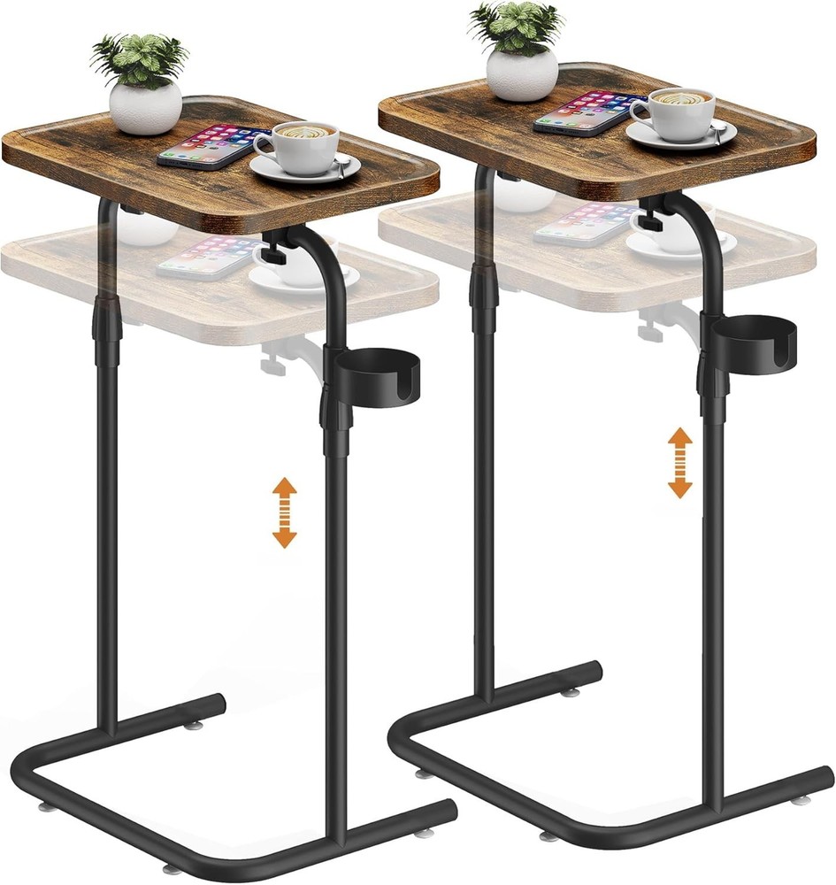 C Shaped End Table W/ Tiltable Surface Set of 2 Adjustable Height Side Table