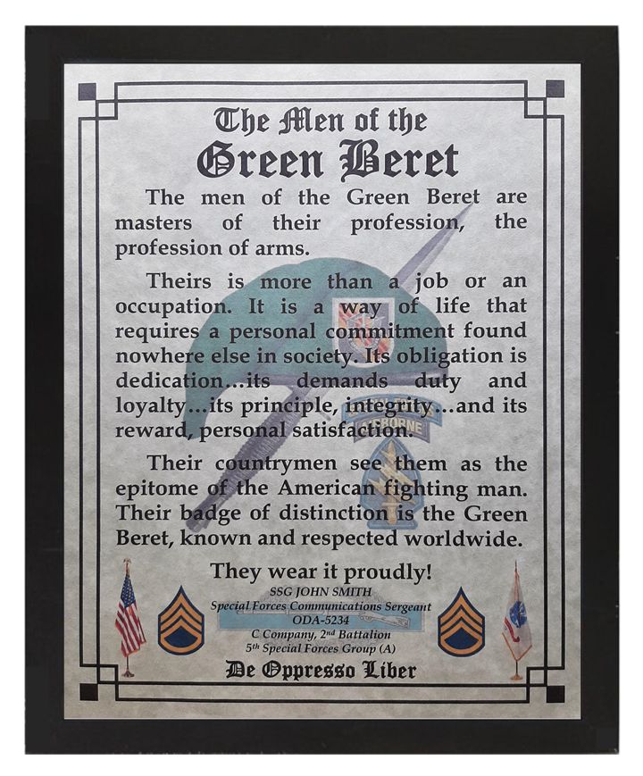 MC-NICE: Army Special Forces Men of the Green Beret ALL GRPS Framed PERSONALIZED