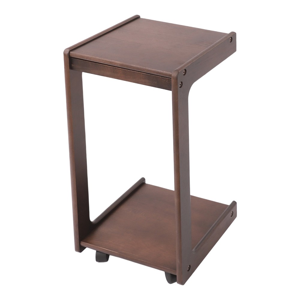 2-Tier Solid Wood C-Shaped Side Table with Drawer and Lockable Wheels