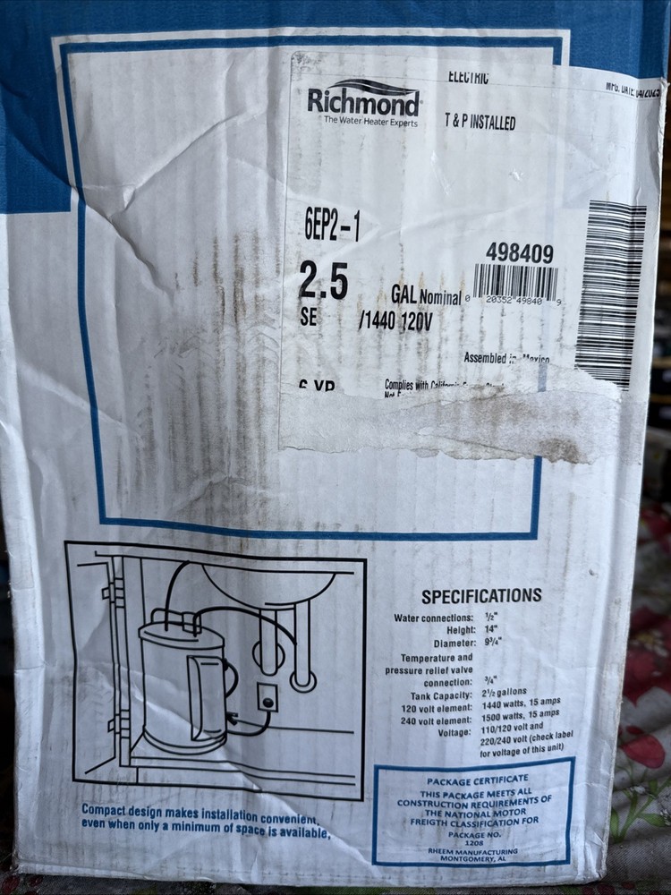 Richmond Essential Series 6EP2-1 Electric Water Heater, 120 V, 1440 W, 2.5 gal T