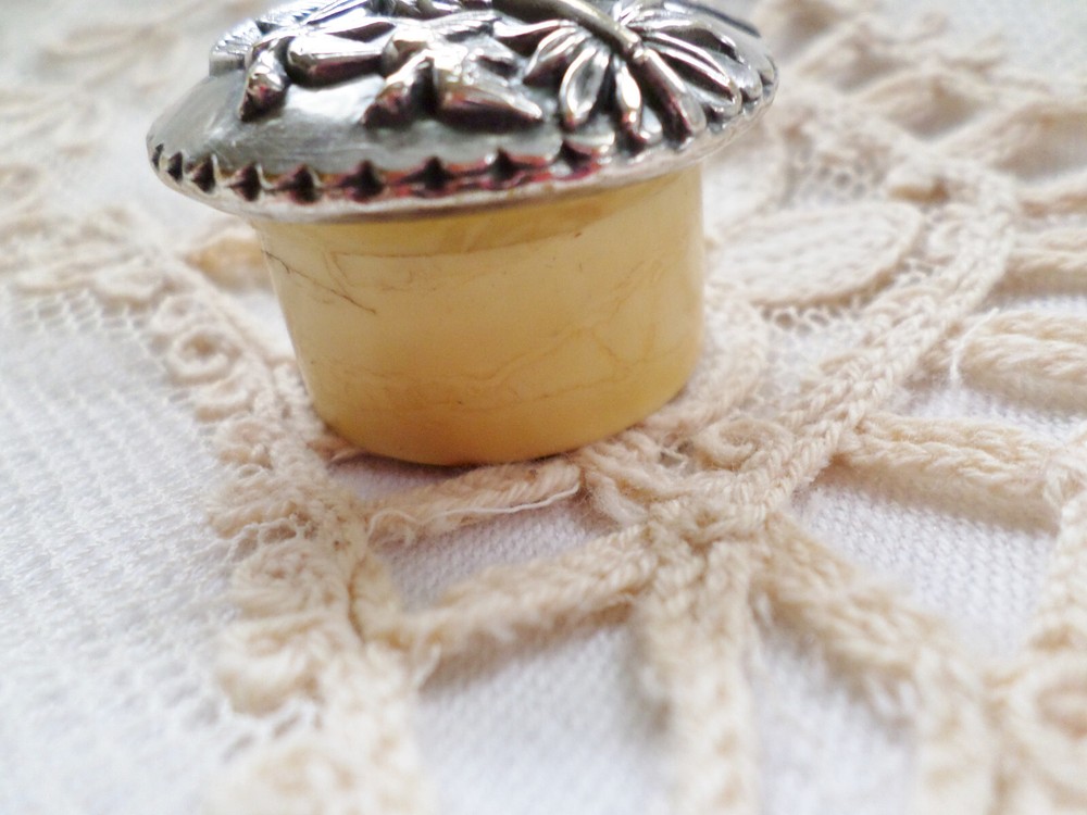 Antique Silver / Silverplate Top Chinese Scene Bone Pill Box