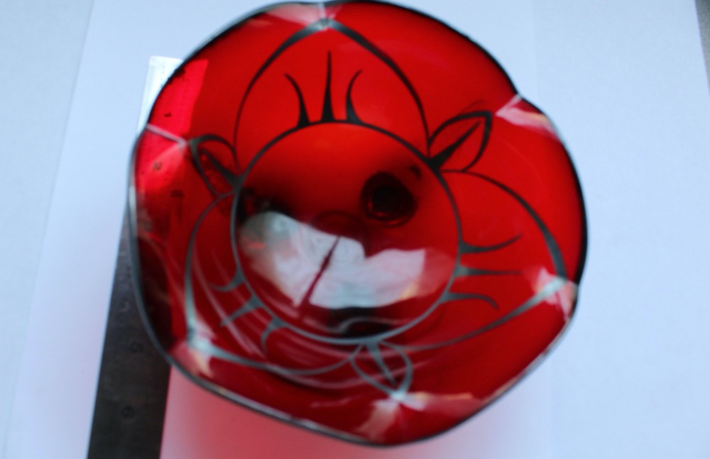 VTG RUBY RED 3 LEG CANDY GLASS DISH STERLING SILVER INLAY DESIGNE