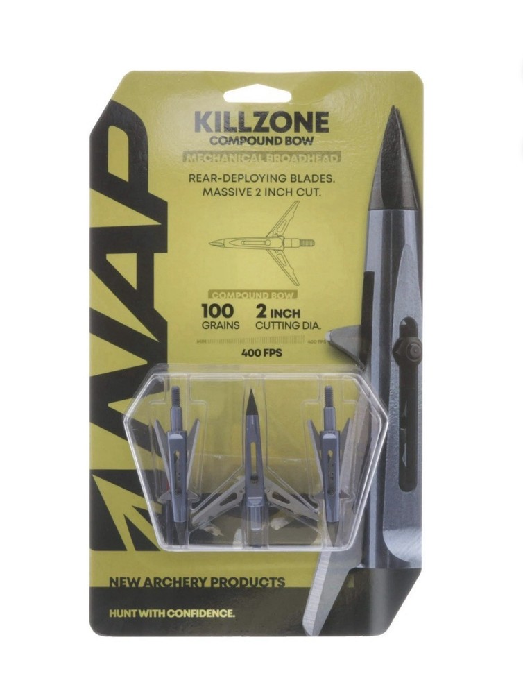 3-Pack NAP Killzone Mechanical Broadheads Compound Bow 100gr 2” Cut • Silver