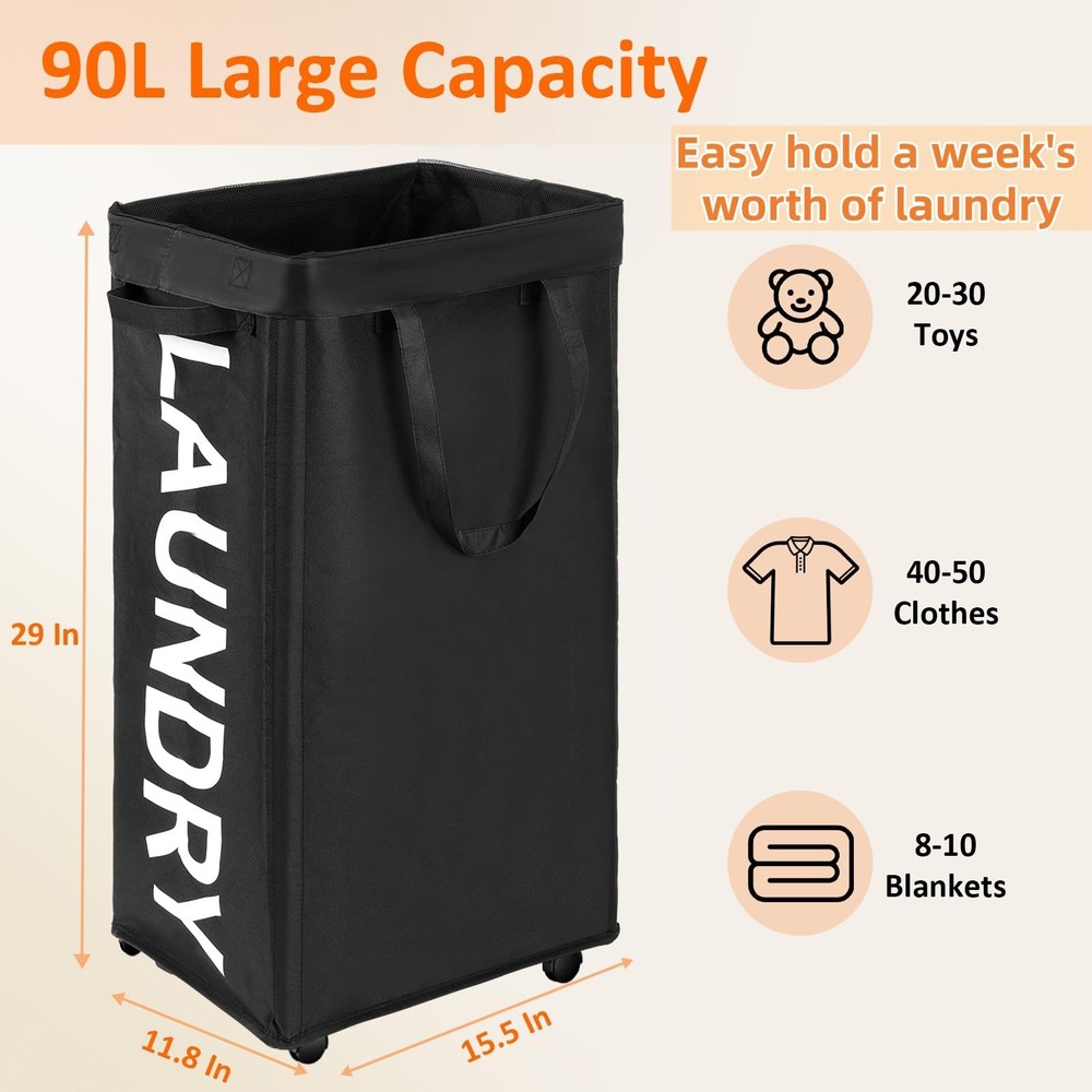 Optish Laundry Basket with Wheels, 90L Rolling Hamper 90L, Black
