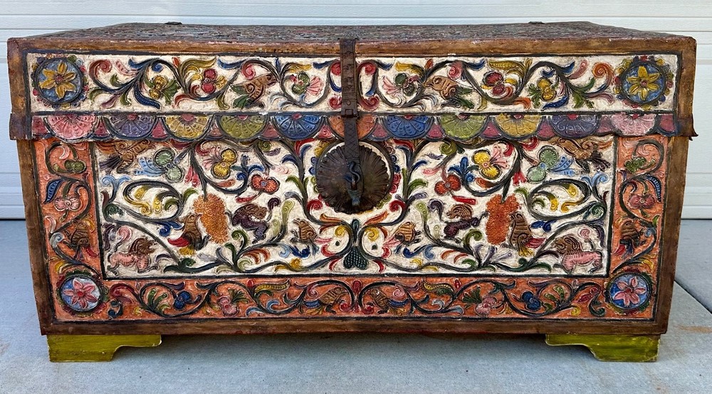 Museum-Quality 18th C.Peruvian Spanish Colonial Polychromed Leather Dowry Trunk