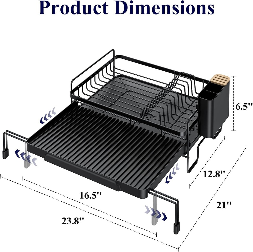 Extendable Dish Drying Rack Adjustable Length 12.8"–21.0" Auto-Draining Dish