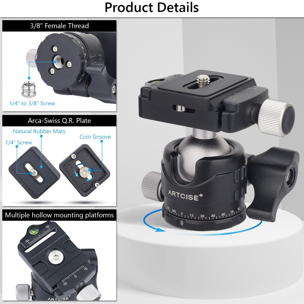 36MM/46MM Low Profile Tripod Head with Quick release Plate Panoramic Ball Head