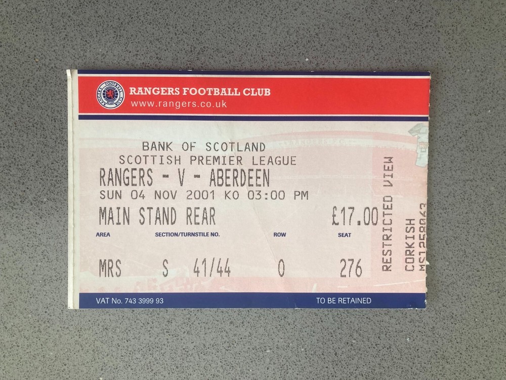 Rangers v Aberdeen 2001-02 Match Ticket