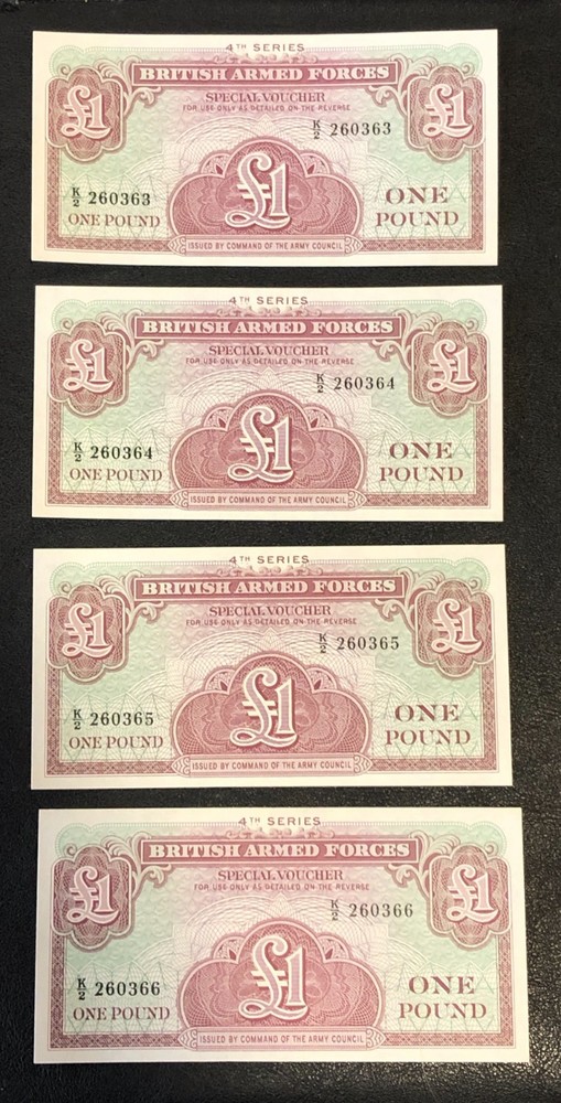 (4)x Great Britain British Armed Forces 1 Pound CONSECUTIVE SER. #'s Notes UNC!
