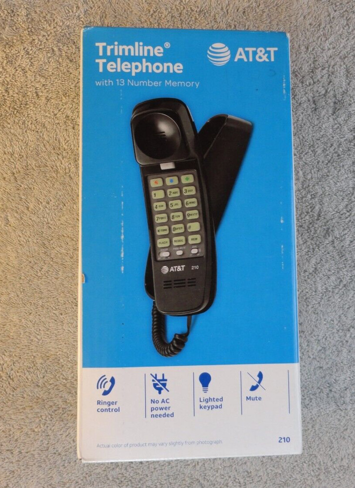 AT&T 210 Basic Trimline Corded Phone, No AC Power Required Wall-Mountable Black
