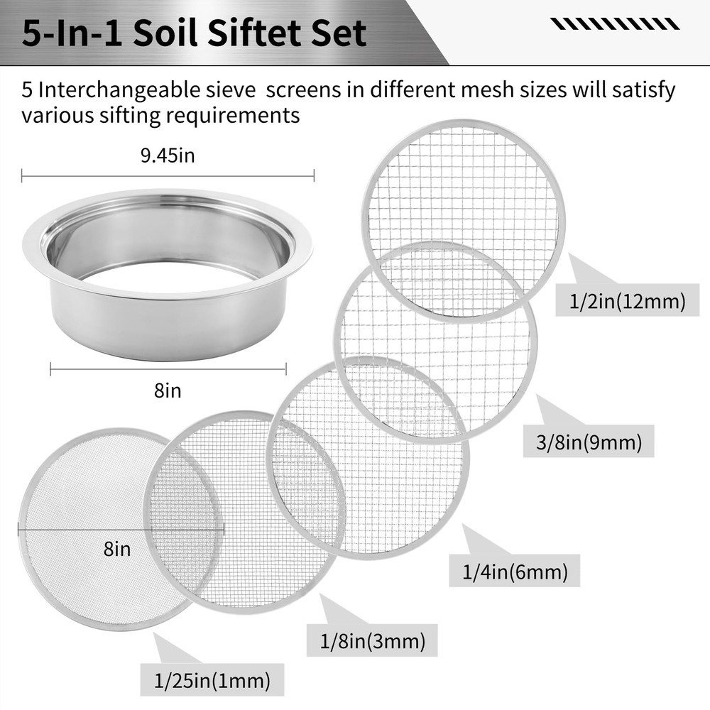 Stainless Steel Soil Sifter Set with Interchangeable Meshes