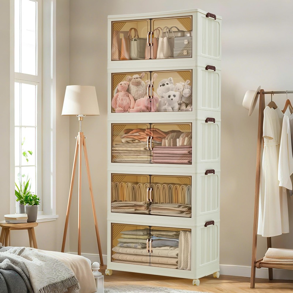 240QT Stackable Storage Bins, Folding Storage with Magnetic Doors & Wheels, L...