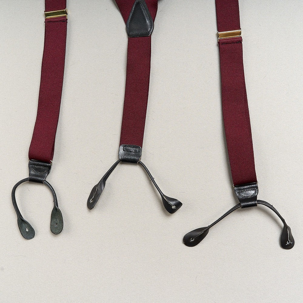 Men's Suspenders Burgundy Leather Button Ends Stretch