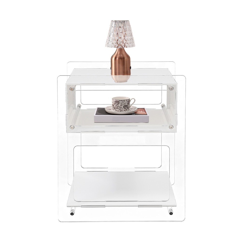 White Acrylic Side Table, Acrylic Nightstand, Rectangle Storage Shelf