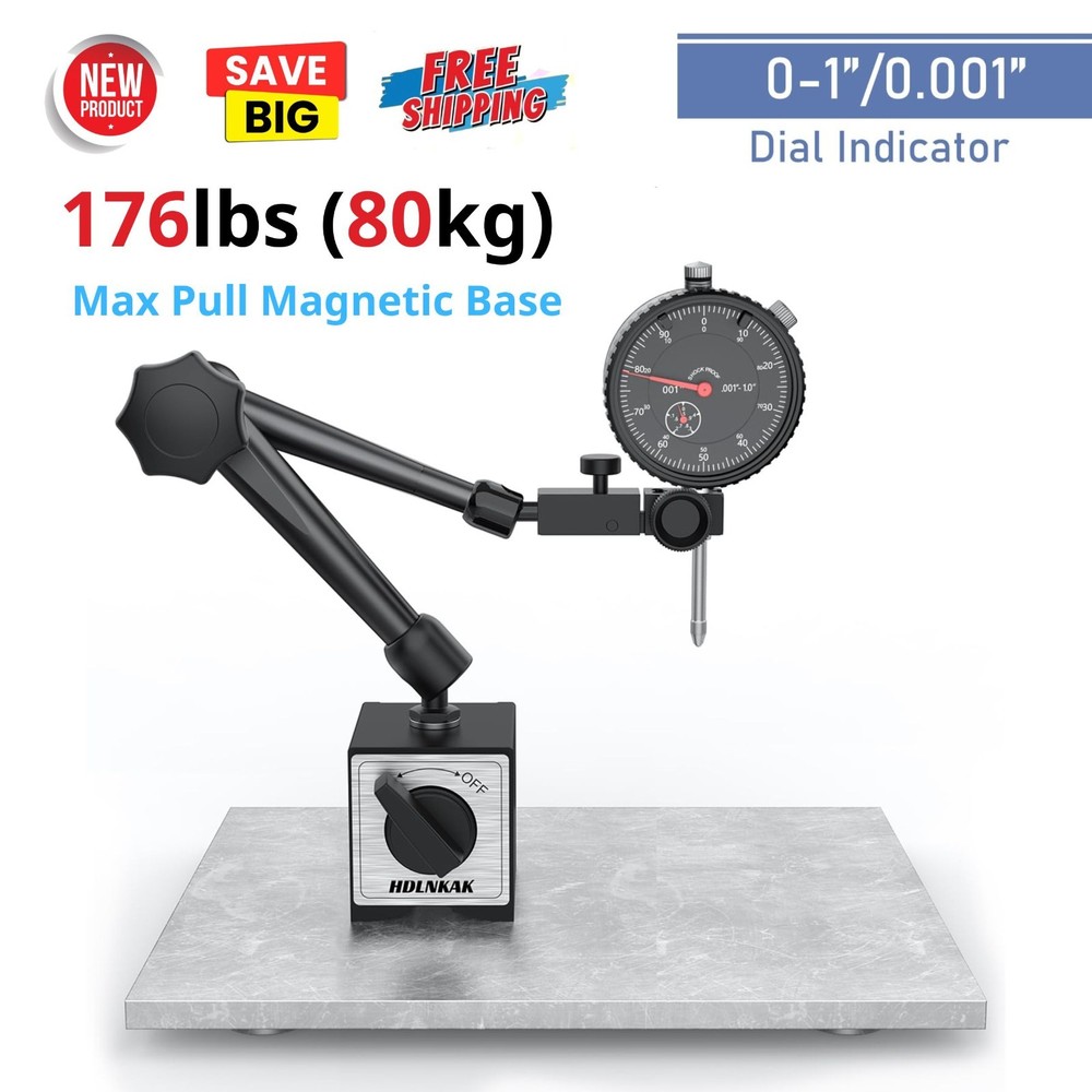 0-1"/0.001"Dial Indicator with 176lbs Max Pull Magnetic Base for Table Saw, CNC