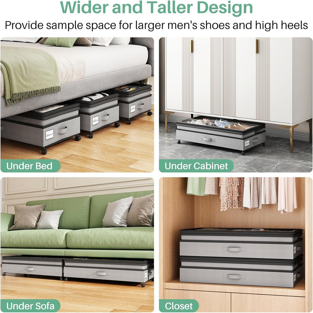 4 Pack Height-Adjustable Under Bed Shoe Storage with Wheels - Gray