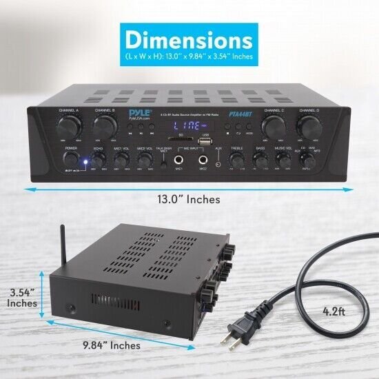 Pyle 4-Ch. Bluetooth Amplifier Stereo Receiver System, with FM Radio PTA44BT
