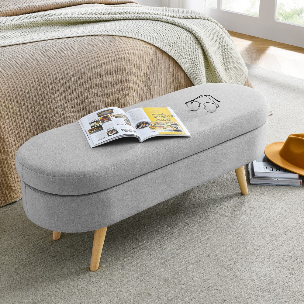 Oval Storage Bench 43.5" Linen Upholstered Ottoman Bench with Solid Wood Legs