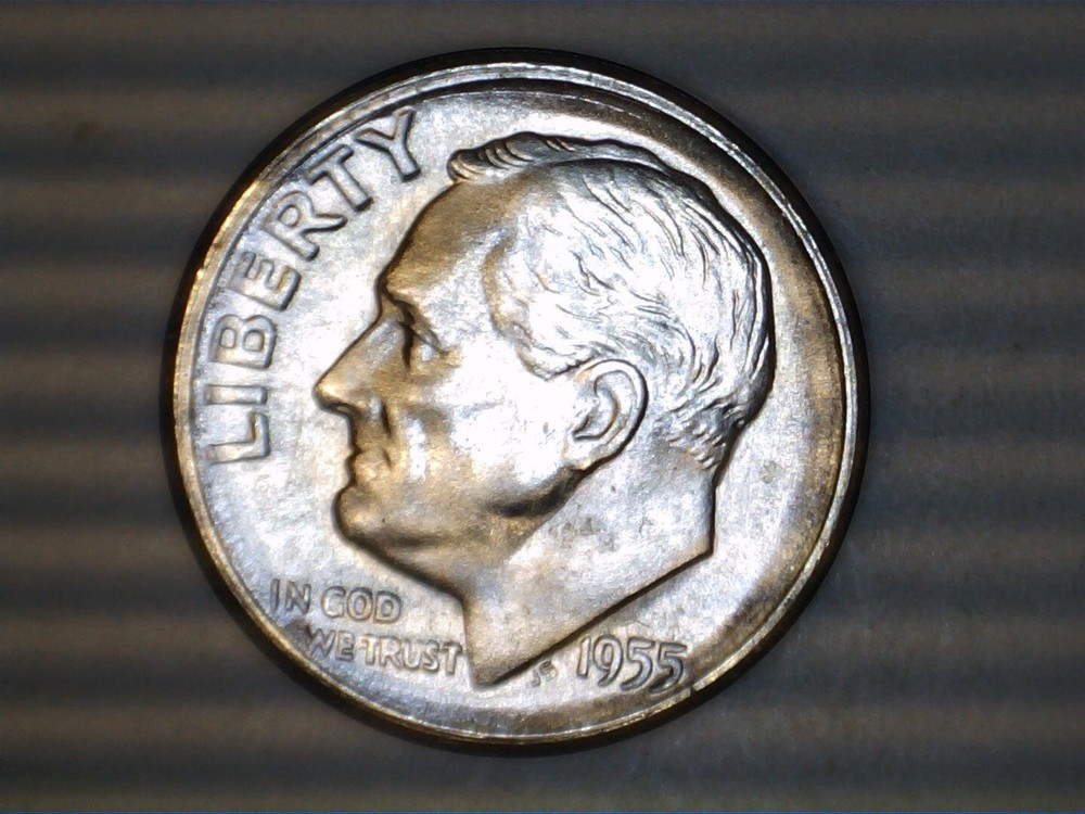 1955s Bu Roosevelt dime Error cracked planchet reverse