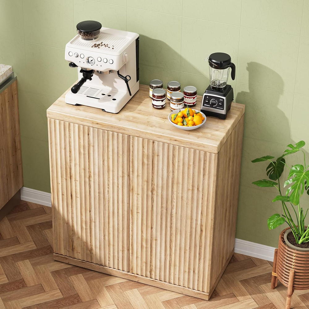 Modern Fluted Buffet Cabinet with Storage, 2 Doors & Adjustable Shelf, Oak