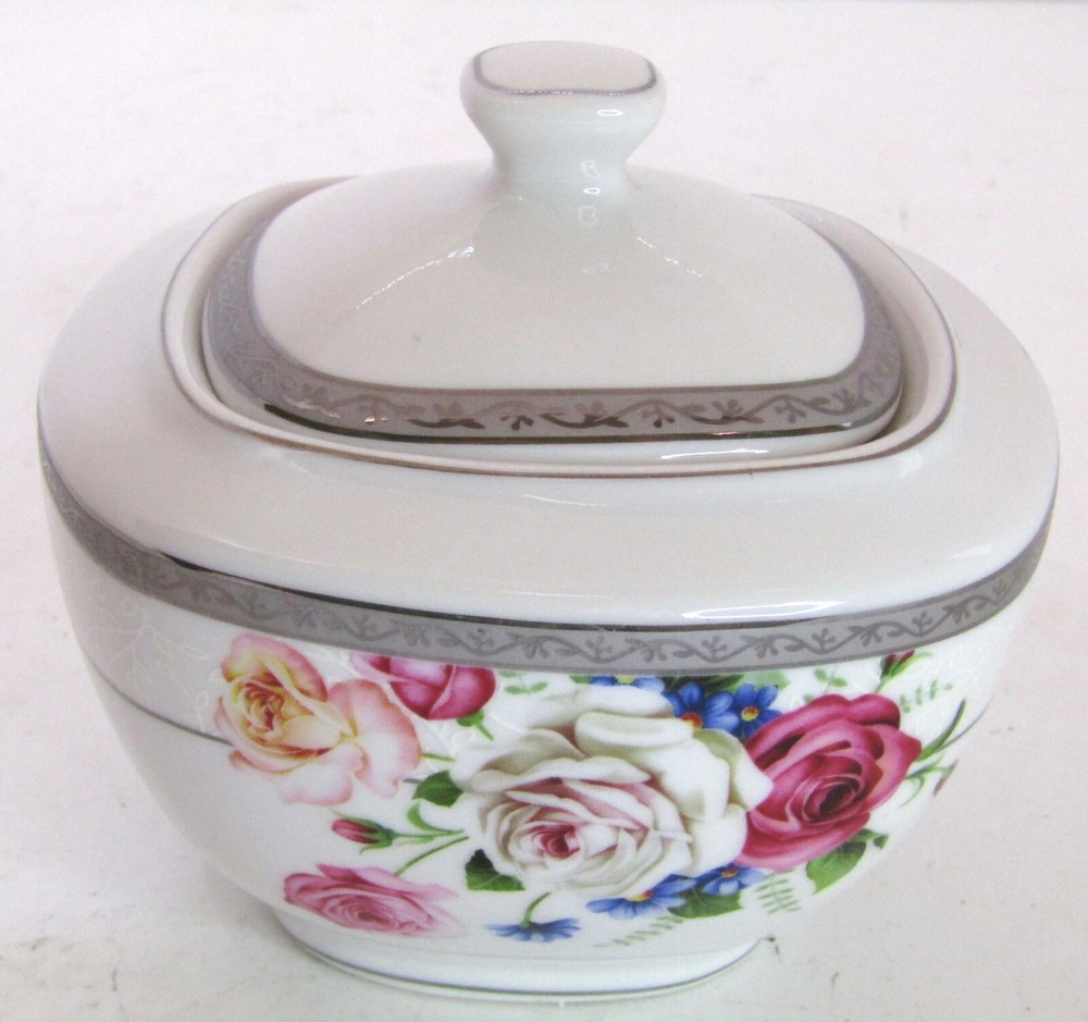 Diamond Porcelain Floral Lidded Sugar Bowl.
