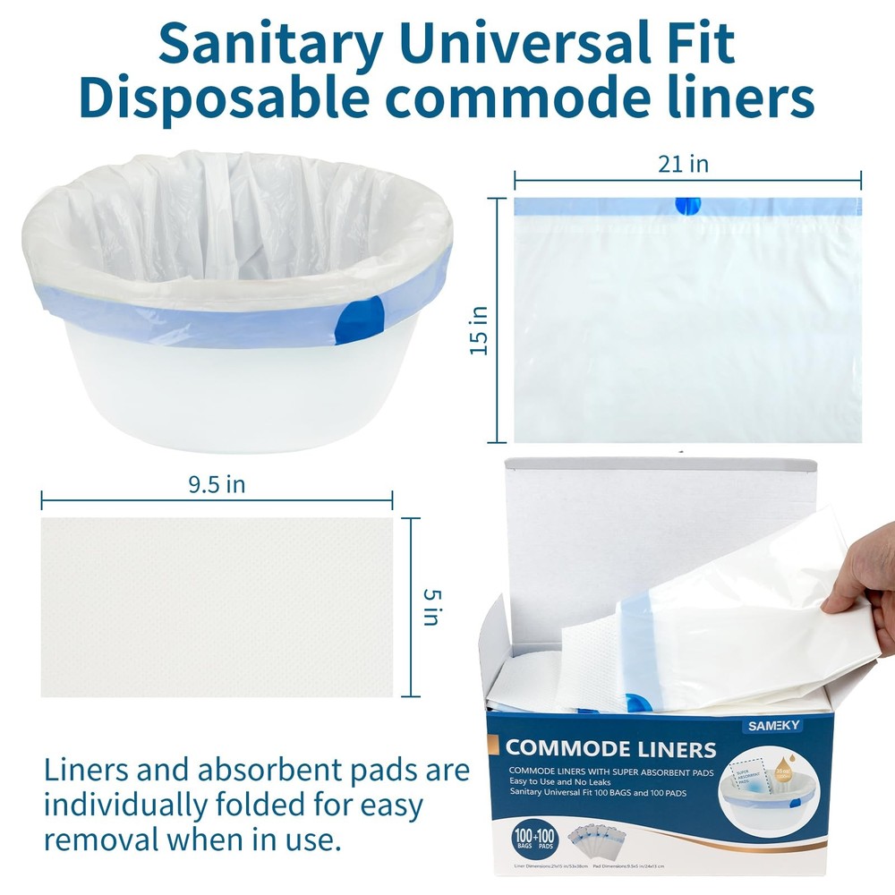 SAMEKY Commode Liners with Absorbent Pads | 1 Count (Pack of 100)