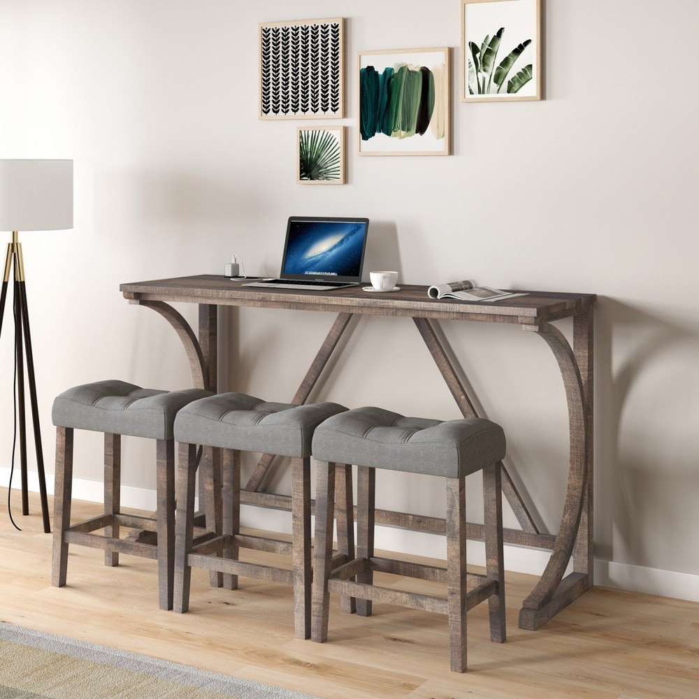Modern 4 Piece Bar Table Set w/ 3 Saddle Bar Stools & USB Ports for Small Space