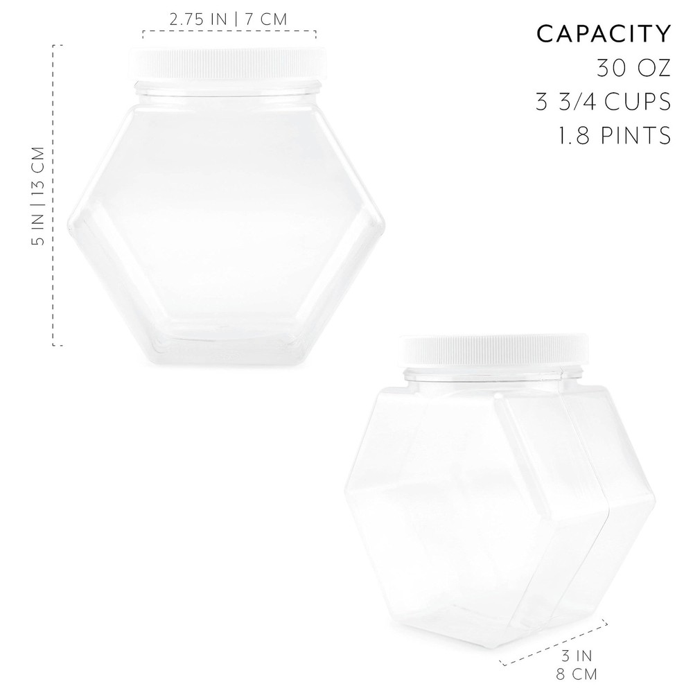 Plastic Hexagon Shaped Jars (4-Pack, 30oz); Value Pack of Containers for Snac...