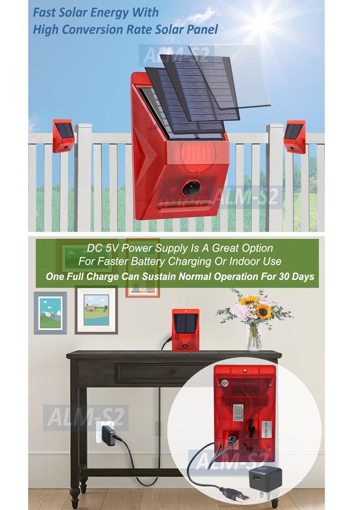 Solar Home Security Alarm 110dB Siren Red Strobe Light Motion Sensor IR Remote