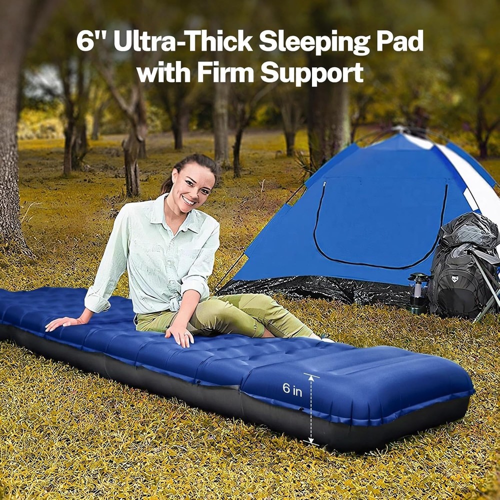 6" Extra-Thick Self-Inflating Camping Sleeping Pad with Pillows & Pump - Blue