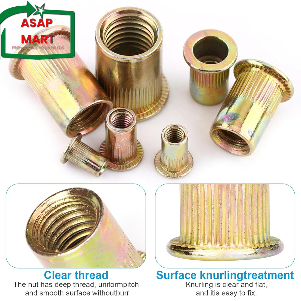 100Pcs #6-32 UNC Rivet Nuts, Carbon Steel Flat Head Rivnut Threaded Insert Nut,