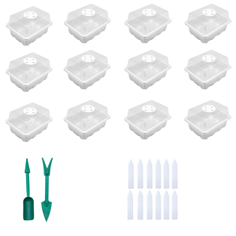 12 Pack x 12 Cells Seedling White Starter Trays  w/ Humidity Adjustable Dome
