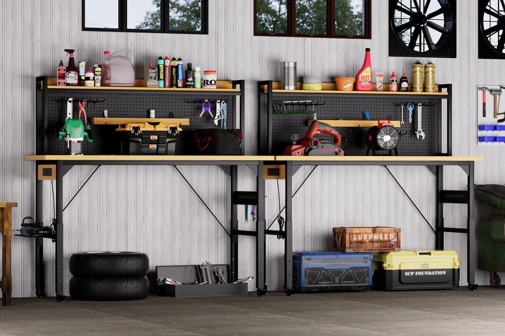 Heavy Duty Adjustable Workbench w/Pegboard, Wheels, 1600lb Capacity, AC Outlet