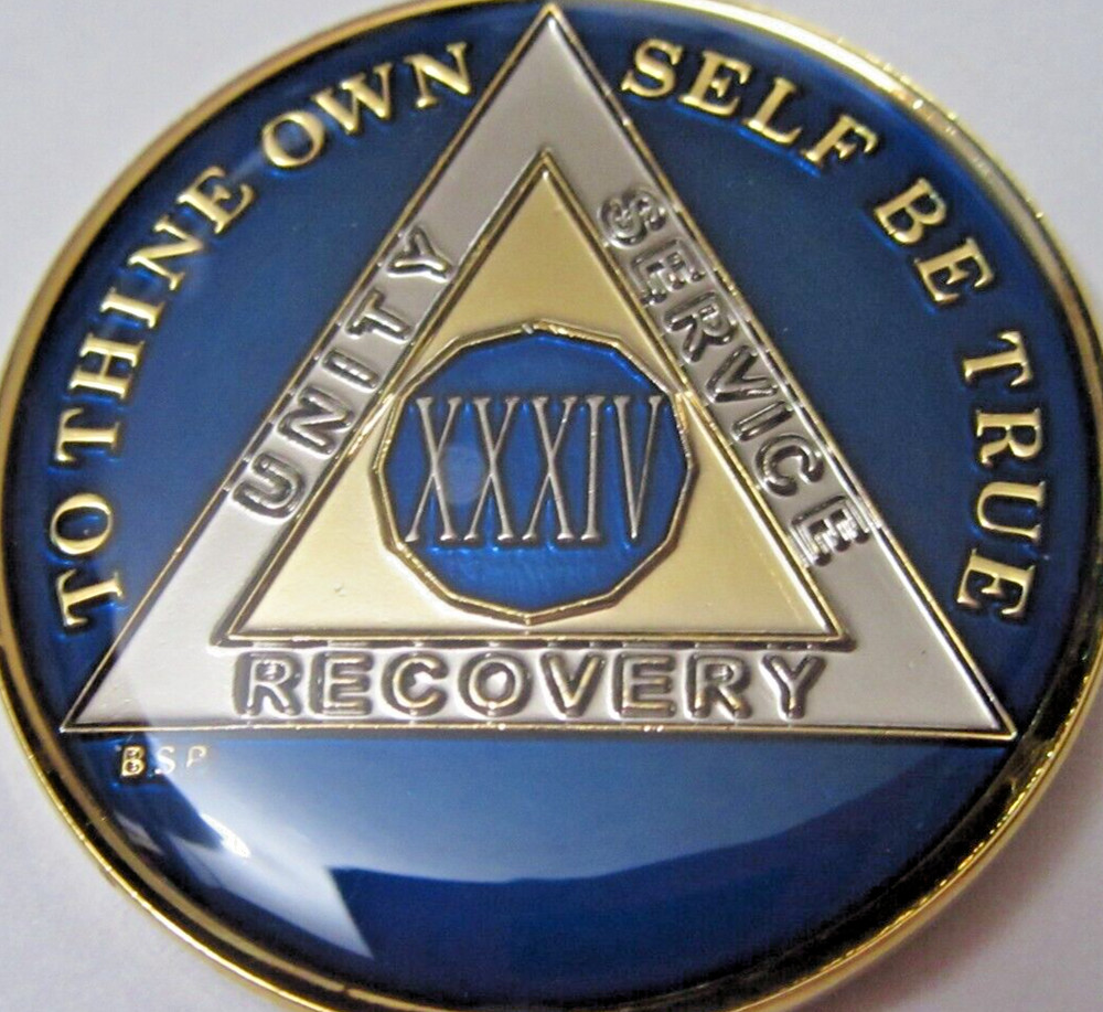Blue Alcoholics Anonymous 34 Year AA Medallion token chip Coin Sober gold silver
