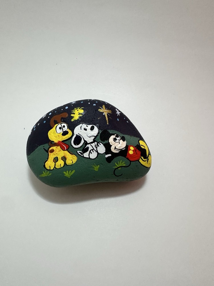 Handmade Handpainted Rock with Cartoon Characters Night Scene