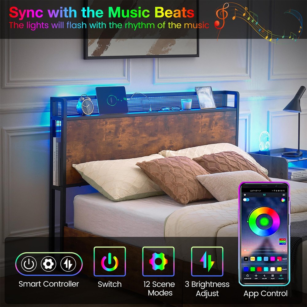 ⏯Queen Size Bed Frame with 4 Drawers Bed Frame with RGB Lights and Charging