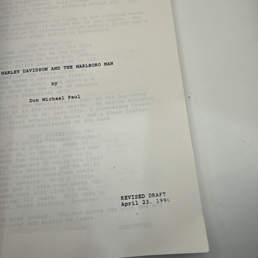 Harley Davidson And The Marboro Man Script Original 1990 Screenplay Draft Rare ￼