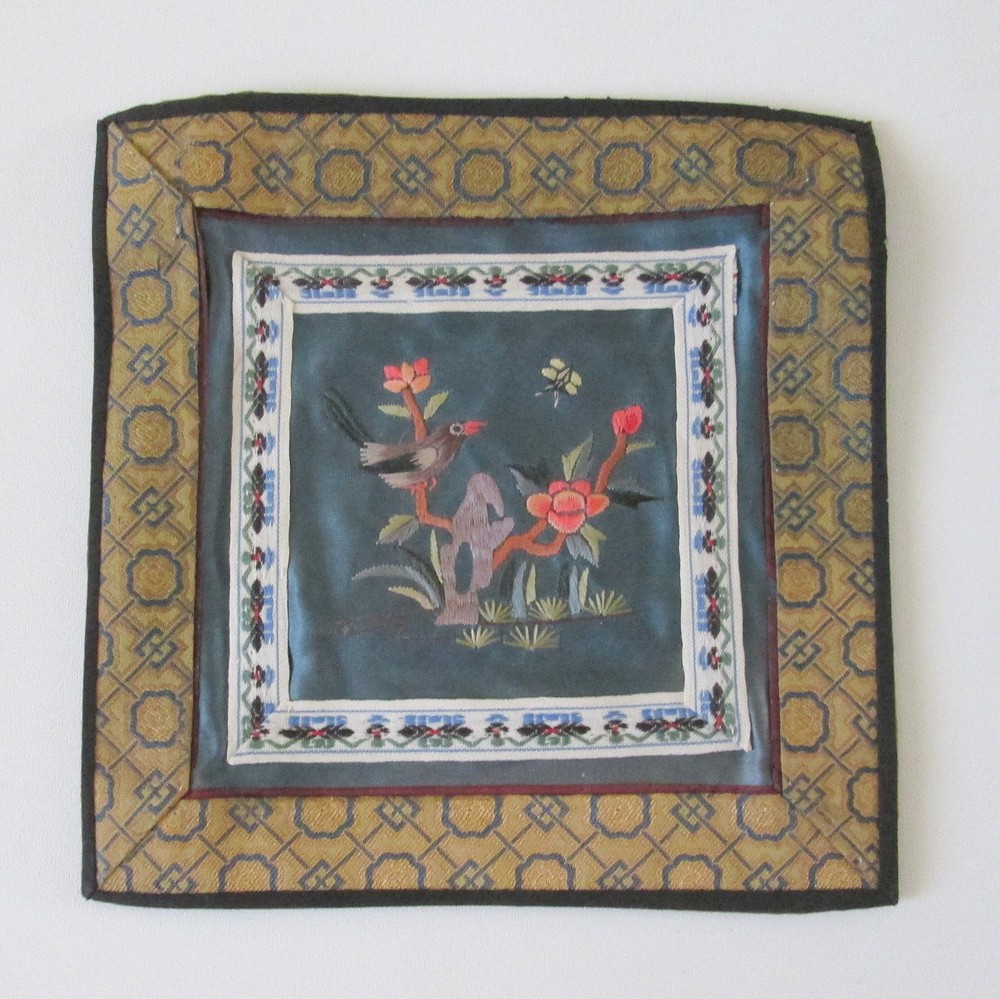 Vintage Chinese Silk Embroidered Square Textile Panel Bird On Branches 7 Inches
