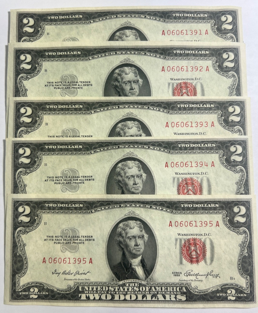 1953  $2 US Red Seal Note Consecutive LOTS  20 Notes Total  Crisp & Uncirculated