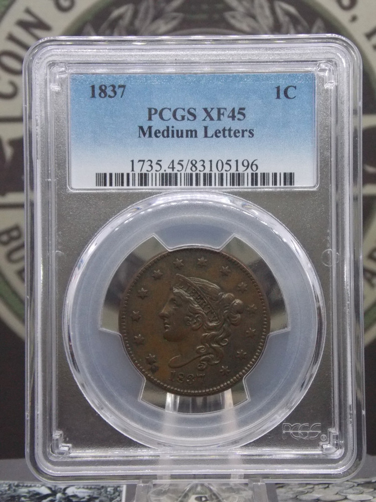 1837 Coronet Head Large Cent *MEDIUM LETTERS* 1c PCGS XF45 #196 Extra Fine ECC&C