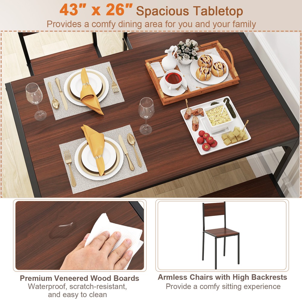 Dining Table Set for 4 Rectangular Table w/ 2 Chairs, 1 Bench, Storage Racks