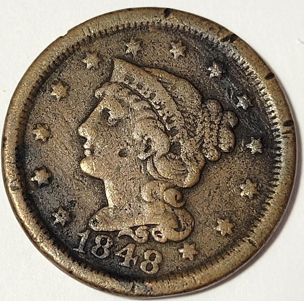 1848 LARGE ONE CENT COIN, VF DETAILS