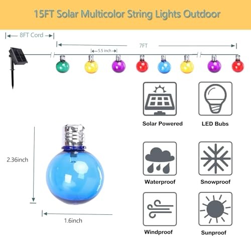 Solar String Lights Outdoor, 7Ft Globe Multicolor String Lights 1 Pack-Colorful