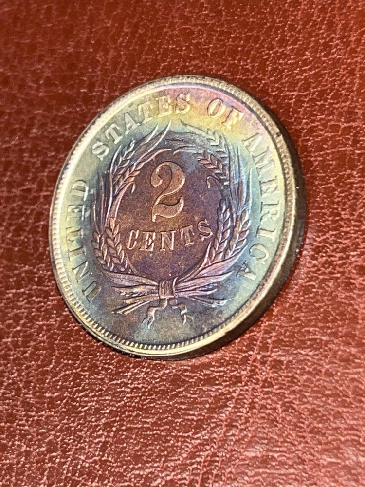 1866 2C Two Cent Rainbow Toned UNC High Grade Coin