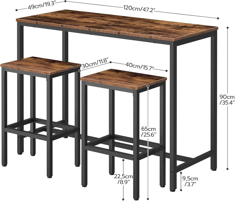 Rustic Brown Bar Table Set 3-Piece Industrial Pub 47.2" Rectangular Stools