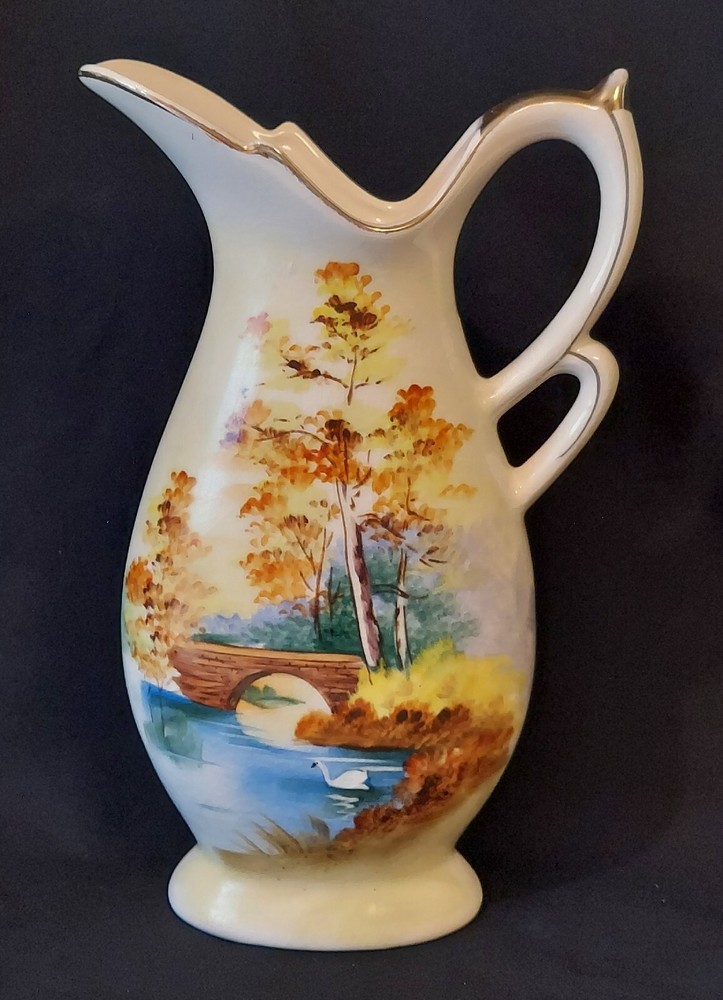 Handpainted Pitcher Swan Bridge Maple Trees