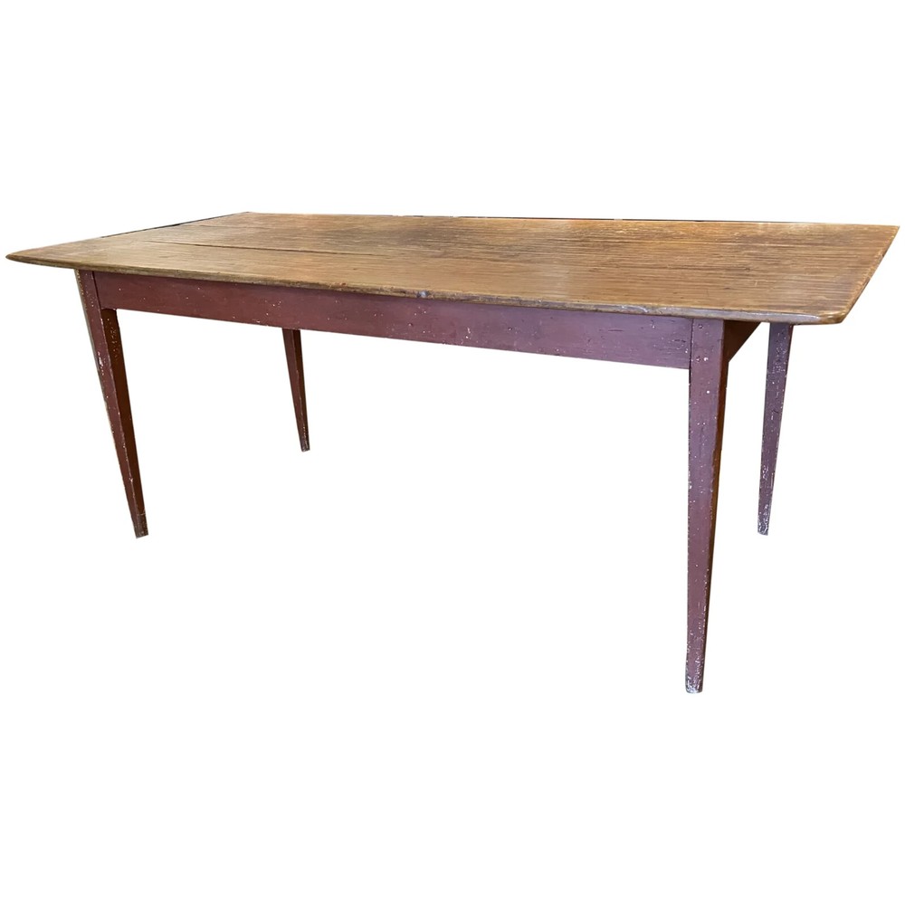 19th c Country Pine Harvest Farm Table with Red Painted Base